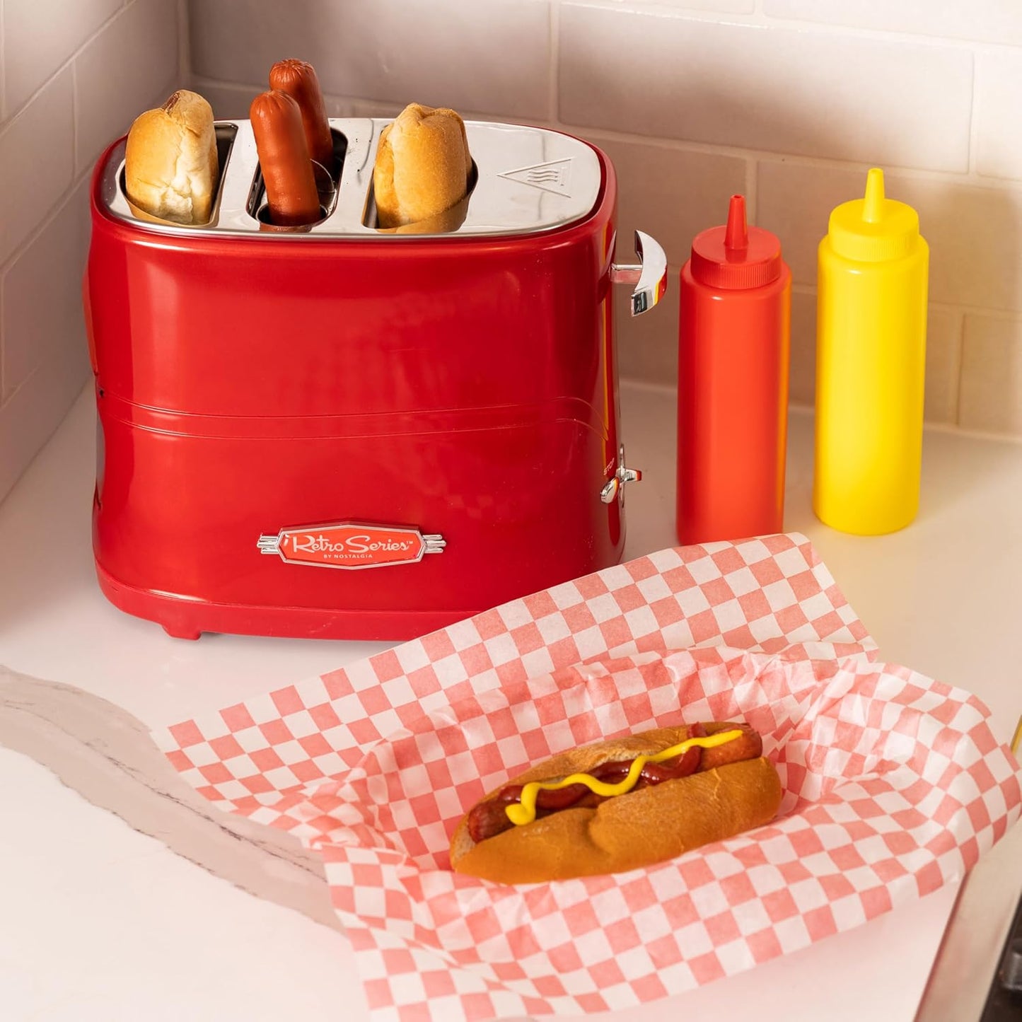 Retro Pop-Up 2 Hot Dog and Bun Toaster, with Mini Tongs, Works with Chicken Dogs, Turkey Dogs, Veggie Links, Sausages and Brats