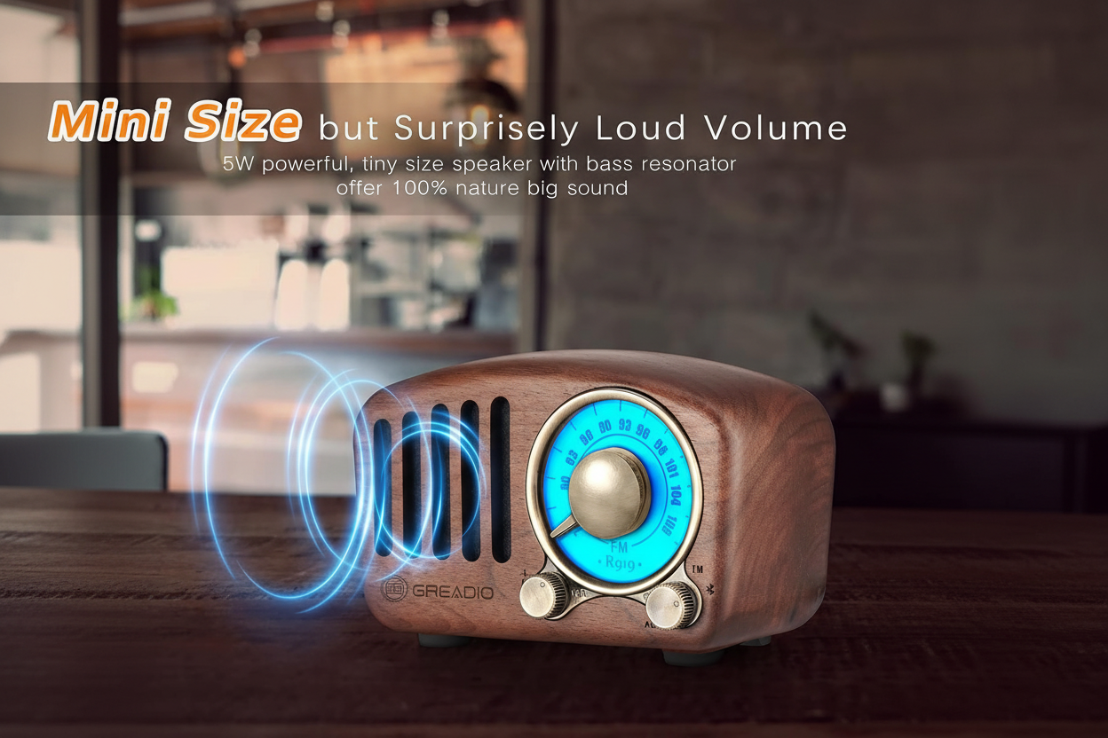 Vintage Walnut Wood Bluetooth Speaker Radio - Retro Style, Bass Enhancement, Loud Volume, Bluetooth 5.0, MP3 & FM Radio