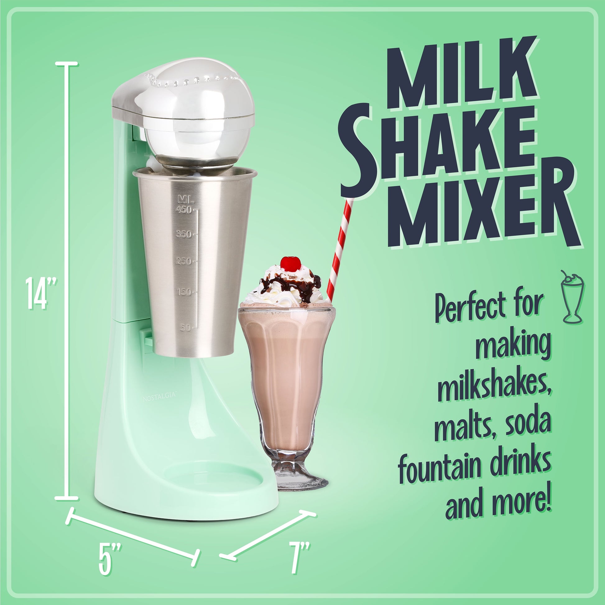 Milkshake Maker 2-Speed 16 Oz Milk Shake Blender Retro Kitchen Appliance, Jade