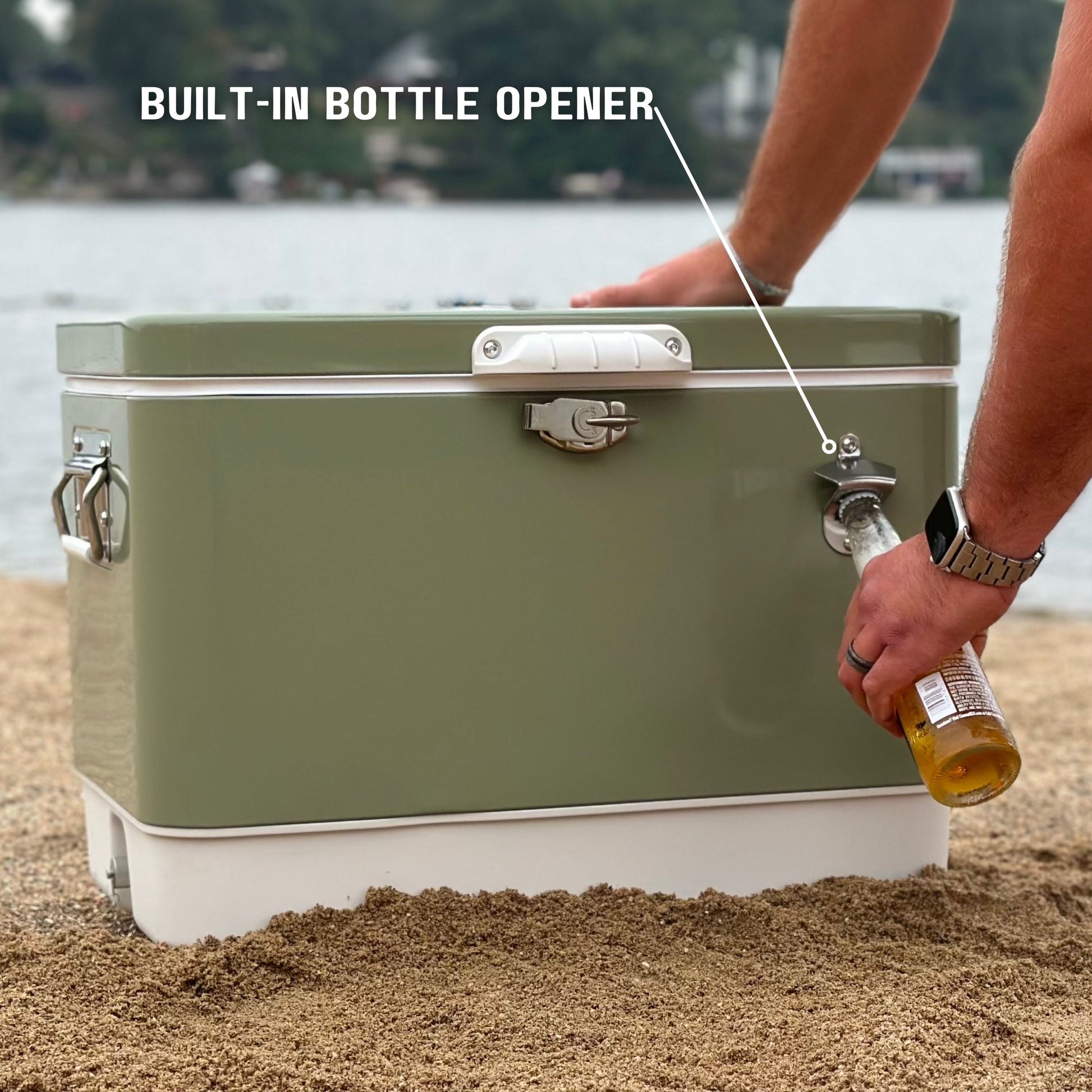 Hard-Sided 80 Can/54 Qt. Two Tone Retro Metal Cooler, Holds 80 Beverage Cans, Metal Construction with Plastic Lining, Green/Cream