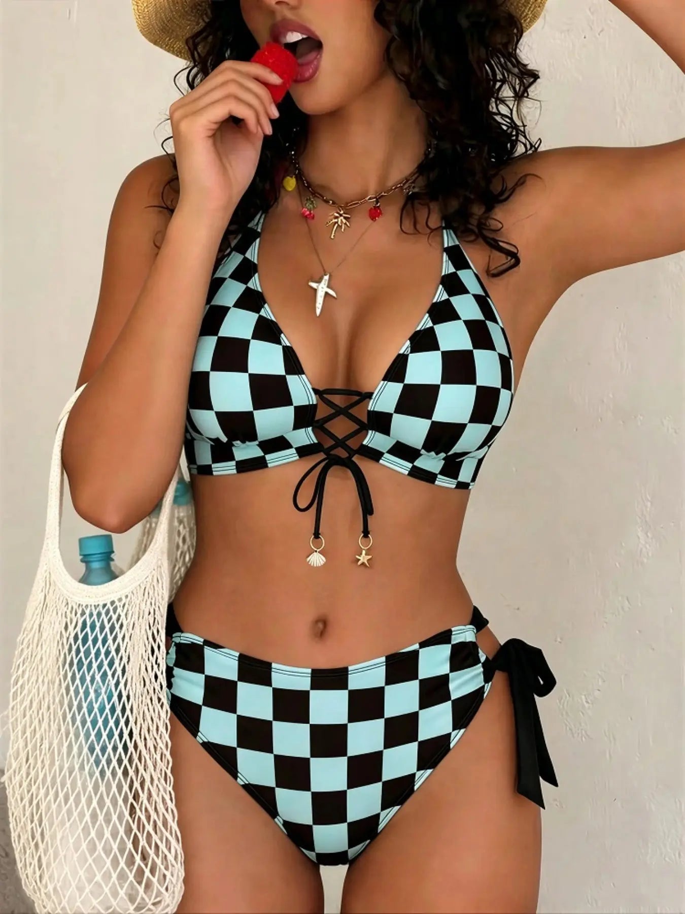 Elevate Your Beach Style with Our Chic Plaid Print High-End Women's Bikini Set - Adjustable Tie Front Design for Ultimate Comfort
