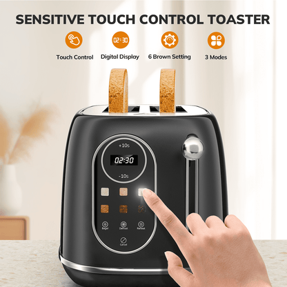 2 Slice Toaster with Smart Touch Screen, Retro Wide Slot Stainless Steel Toaster with 6 Browning Levels, Reheat & Defrost, for Bagel, Toast, Bread, Removable Crumb Tray, Black