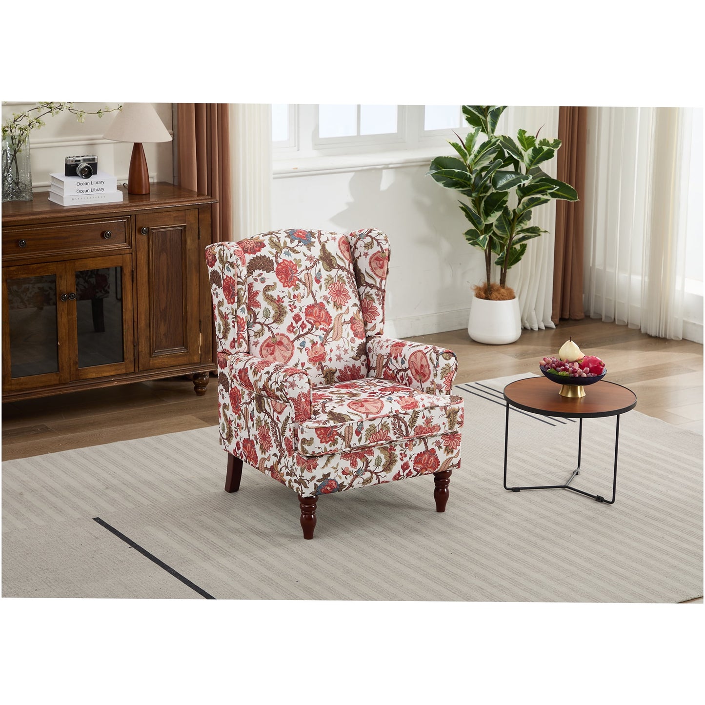 Retro Floral Accent Chair with Wood Legs, Upholstered Linen Armchair for Living Room, Bedroom, Office, Bean Paste Red