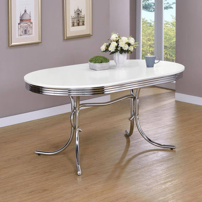 Retro Glossy White and Chrome Wood Top Oval Pedestal Dining Table Seats 6