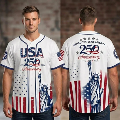Celebrate Freedom in Style: USA 250th Anniversary Baseball Jersey with Statue of Liberty Print - Perfect for Independence Day and Beyond!