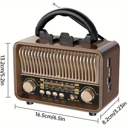 Retro Vintage Portable AM/FM/SW All-Band Transistor Radio | Rechargeable/Battery-Powered | Micro-Sd/Tf/Usb/Aux/Wireless Speaker | Home & Outdoor Use
