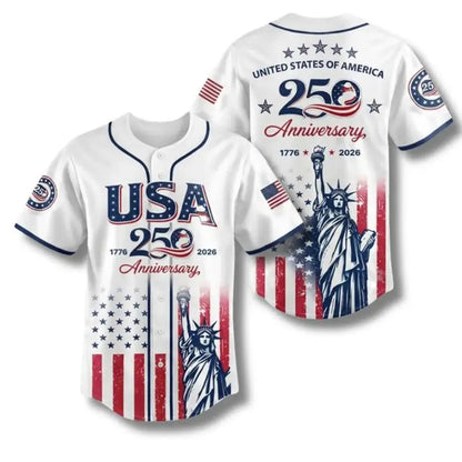 Celebrate Freedom in Style: USA 250th Anniversary Baseball Jersey with Statue of Liberty Print - Perfect for Independence Day and Beyond!