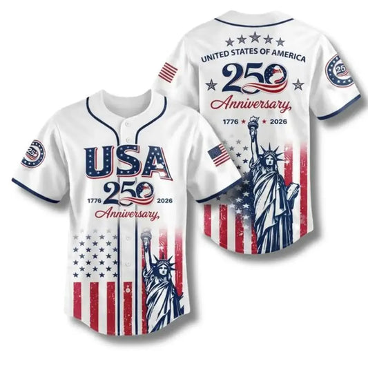 Celebrate Freedom in Style: USA 250th Anniversary Baseball Jersey with Statue of Liberty Print - Perfect for Independence Day and Beyond!