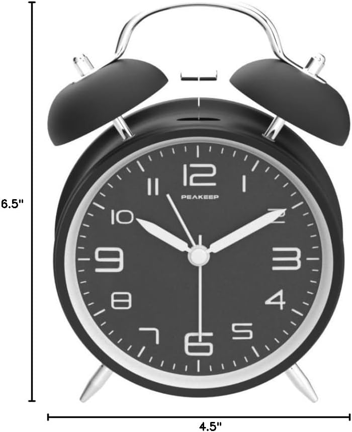 4 Inches Twin Bell Loud Alarm Clock for Heavy Sleepers, Backlight, Battery Operated Old Fashioned Alarm Clock for Bedrooms (3D-Dial, Black)