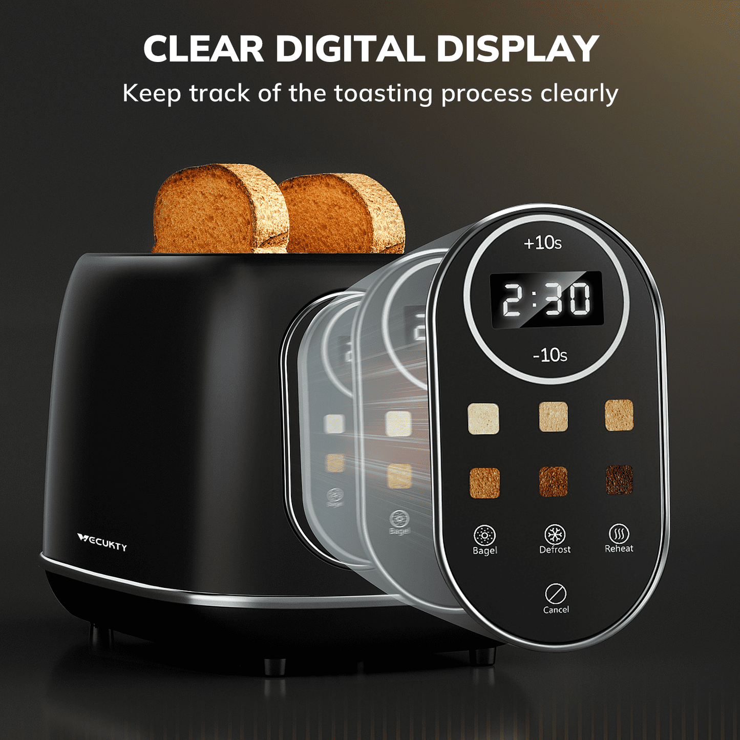 2 Slice Toaster with Smart Touch Screen, Retro Wide Slot Stainless Steel Toaster with 6 Browning Levels, Reheat & Defrost, for Bagel, Toast, Bread, Removable Crumb Tray, Black