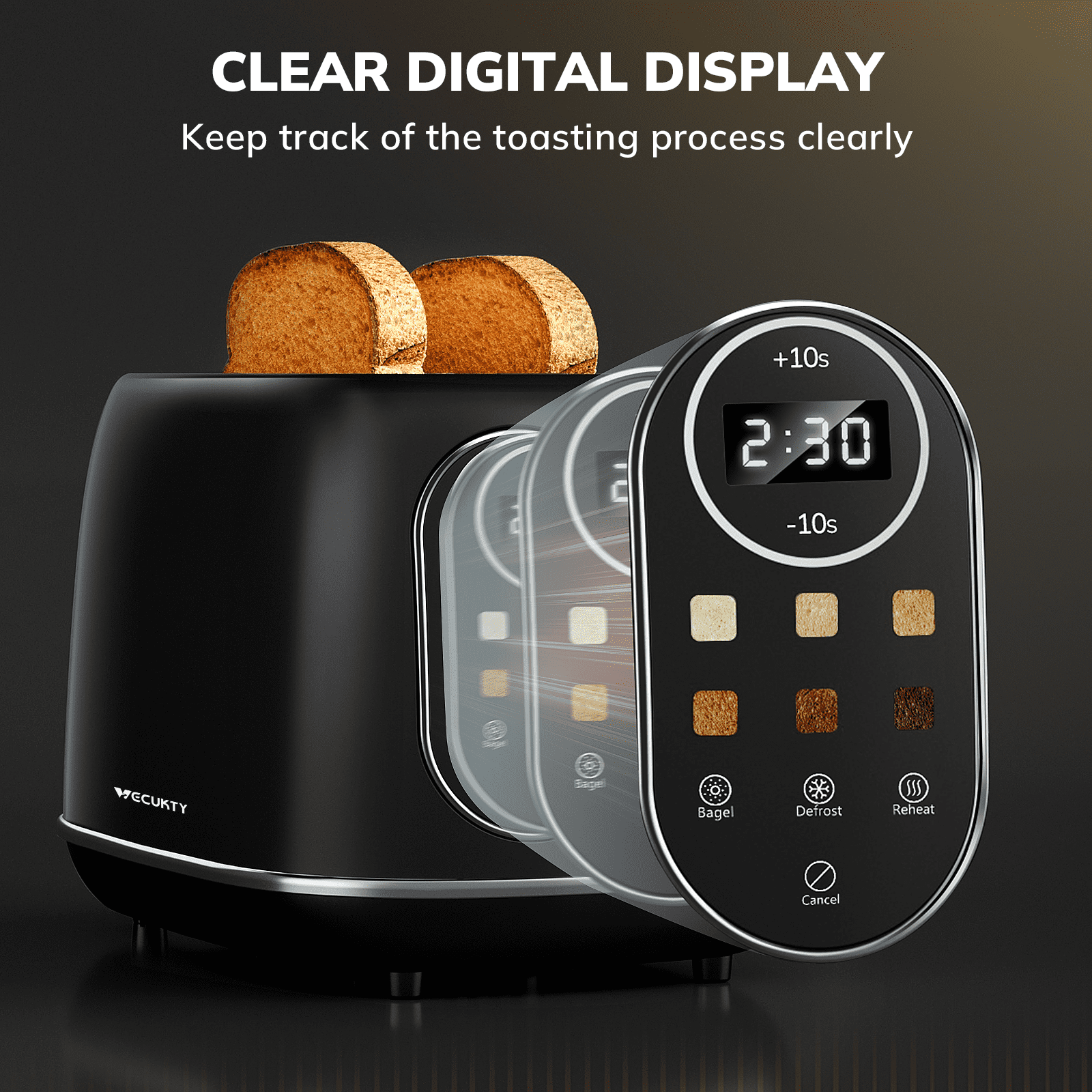 2 Slice Toaster with Smart Touch Screen, Retro Wide Slot Stainless Steel Toaster with 6 Browning Levels, Reheat & Defrost, for Bagel, Toast, Bread, Removable Crumb Tray, Black