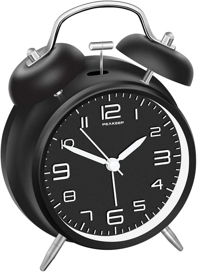 4 Inches Twin Bell Loud Alarm Clock for Heavy Sleepers, Backlight, Battery Operated Old Fashioned Alarm Clock for Bedrooms (3D-Dial, Black)