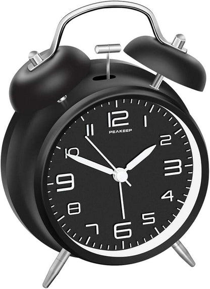 4 Inches Twin Bell Loud Alarm Clock for Heavy Sleepers, Backlight, Battery Operated Old Fashioned Alarm Clock for Bedrooms (3D-Dial, Black)