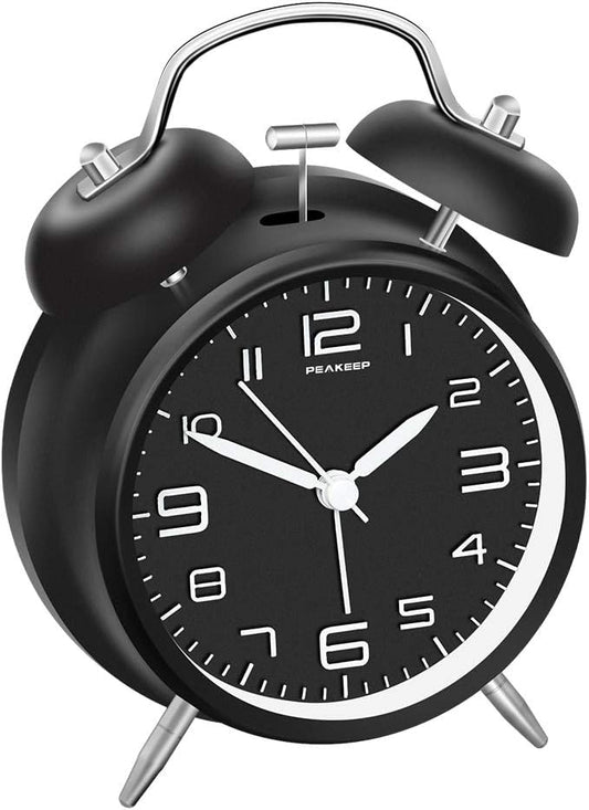 4 Inches Twin Bell Loud Alarm Clock for Heavy Sleepers, Backlight, Battery Operated Old Fashioned Alarm Clock for Bedrooms (3D-Dial, Black)