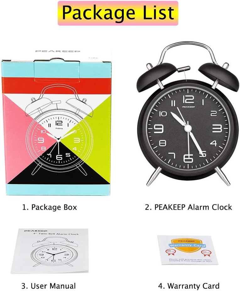 4 Inches Twin Bell Loud Alarm Clock for Heavy Sleepers, Backlight, Battery Operated Old Fashioned Alarm Clock for Bedrooms (3D-Dial, Black)