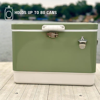 Hard-Sided 80 Can/54 Qt. Two Tone Retro Metal Cooler, Holds 80 Beverage Cans, Metal Construction with Plastic Lining, Green/Cream