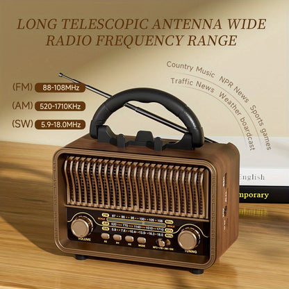 Retro Vintage Portable AM/FM/SW All-Band Transistor Radio | Rechargeable/Battery-Powered | Micro-Sd/Tf/Usb/Aux/Wireless Speaker | Home & Outdoor Use