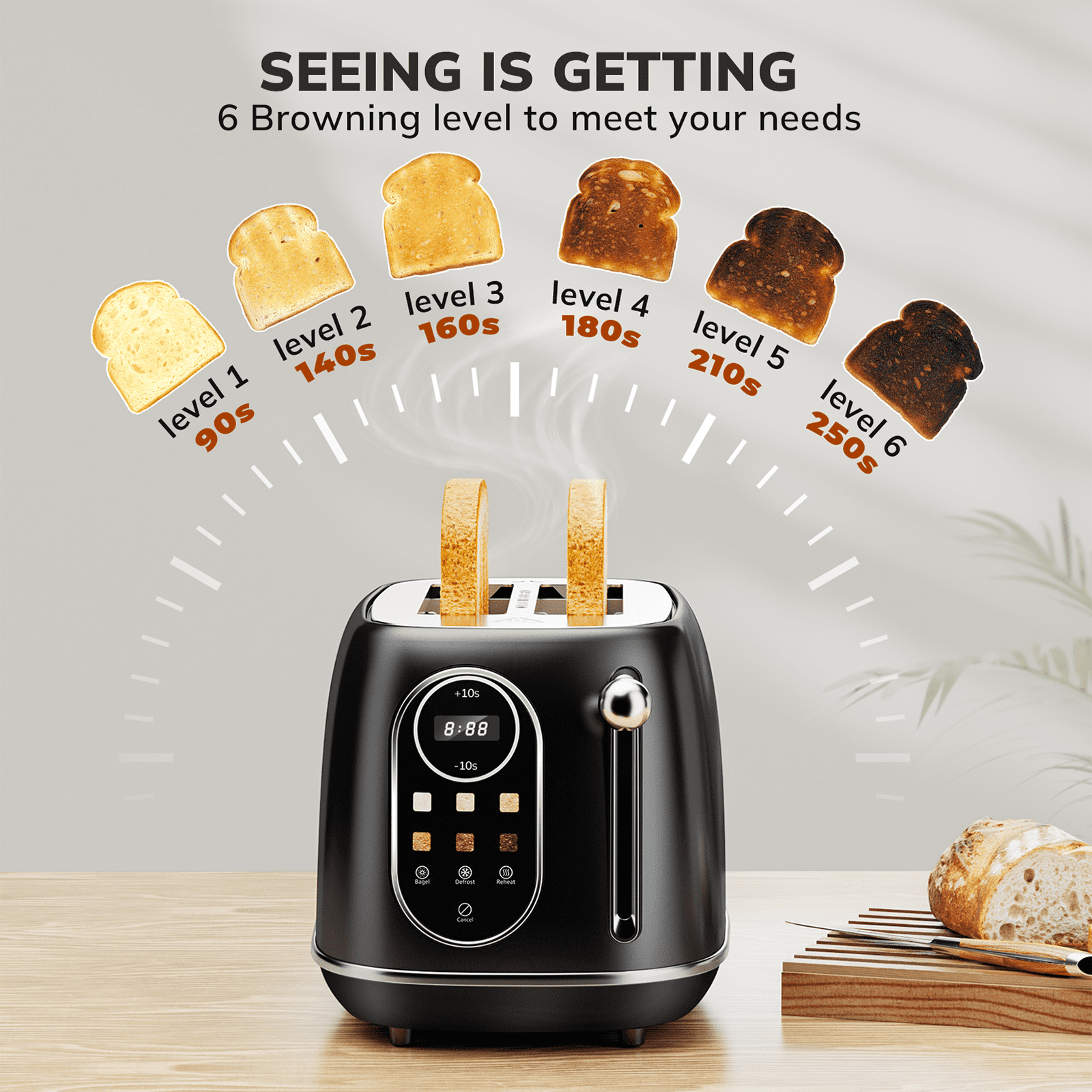 2 Slice Toaster with Smart Touch Screen, Retro Wide Slot Stainless Steel Toaster with 6 Browning Levels, Reheat & Defrost, for Bagel, Toast, Bread, Removable Crumb Tray, Black