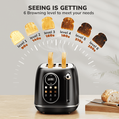 2 Slice Toaster with Smart Touch Screen, Retro Wide Slot Stainless Steel Toaster with 6 Browning Levels, Reheat & Defrost, for Bagel, Toast, Bread, Removable Crumb Tray, Black
