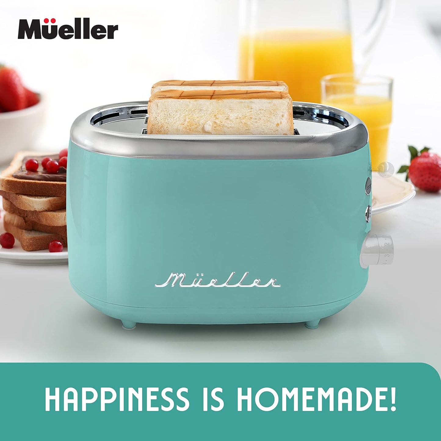 Mueller Retro Toaster 2 Slice with 7 Browning Levels and 3 Functions: Reheat, Defrost & Cancel, Stainless Steel Features, Removable Crumb Tray, under Base Cord Storage, Turquoise