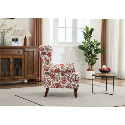 Retro Floral Accent Chair with Wood Legs, Upholstered Linen Armchair for Living Room, Bedroom, Office, Bean Paste Red