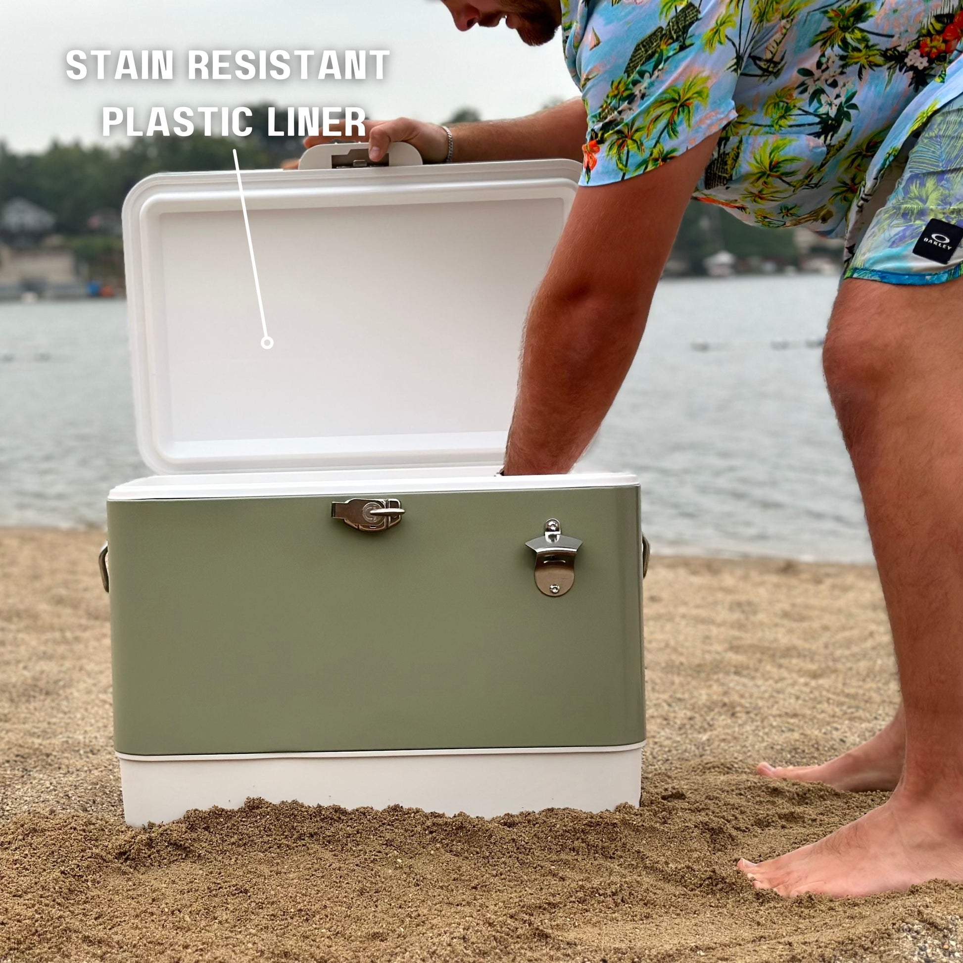 Hard-Sided 80 Can/54 Qt. Two Tone Retro Metal Cooler, Holds 80 Beverage Cans, Metal Construction with Plastic Lining, Green/Cream