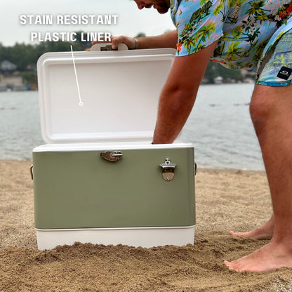 Hard-Sided 80 Can/54 Qt. Two Tone Retro Metal Cooler, Holds 80 Beverage Cans, Metal Construction with Plastic Lining, Green/Cream