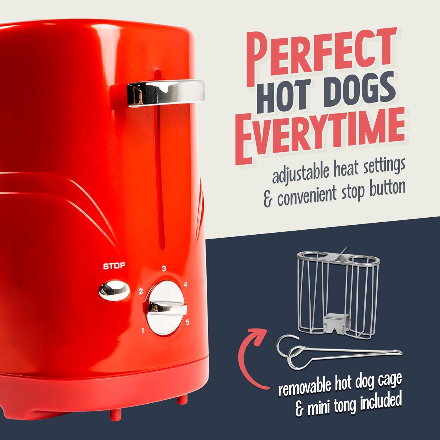  Retro Pop-Up 2 Hot Dog and Bun Toaster, with Mini Tongs, Works with Chicken Dogs, Turkey Dogs, Veggie Links, Sausages and Brats
