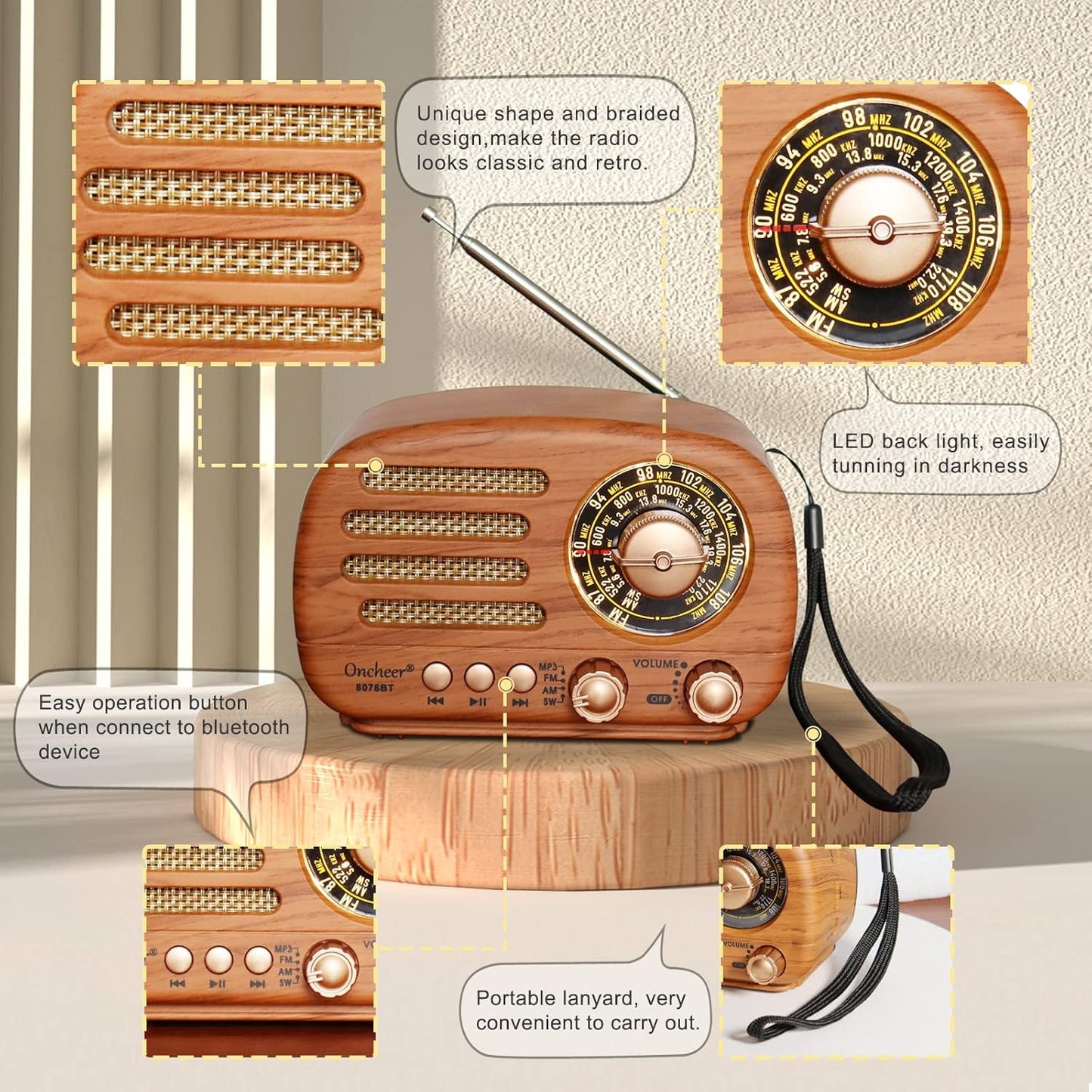 Portable Vintage Radio Retro Bluetooth Speaker, FM/AM/SW Old Fashion Classic Style, Adjustable Antenna, Rechargeable Battery Powered & USB Charging, Support TF Card, USB Mp3 Playing Music