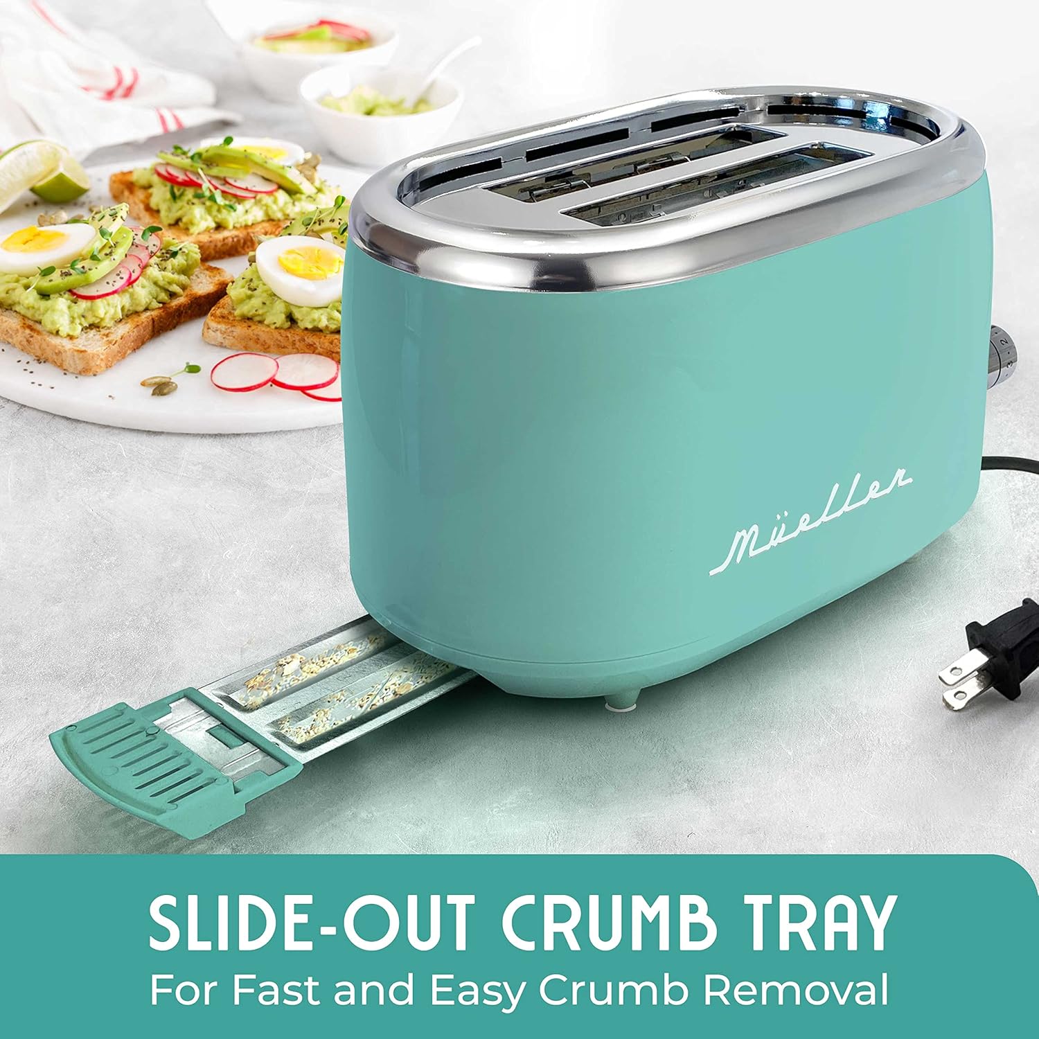Mueller Retro Toaster 2 Slice with 7 Browning Levels and 3 Functions: Reheat, Defrost & Cancel, Stainless Steel Features, Removable Crumb Tray, under Base Cord Storage, Turquoise