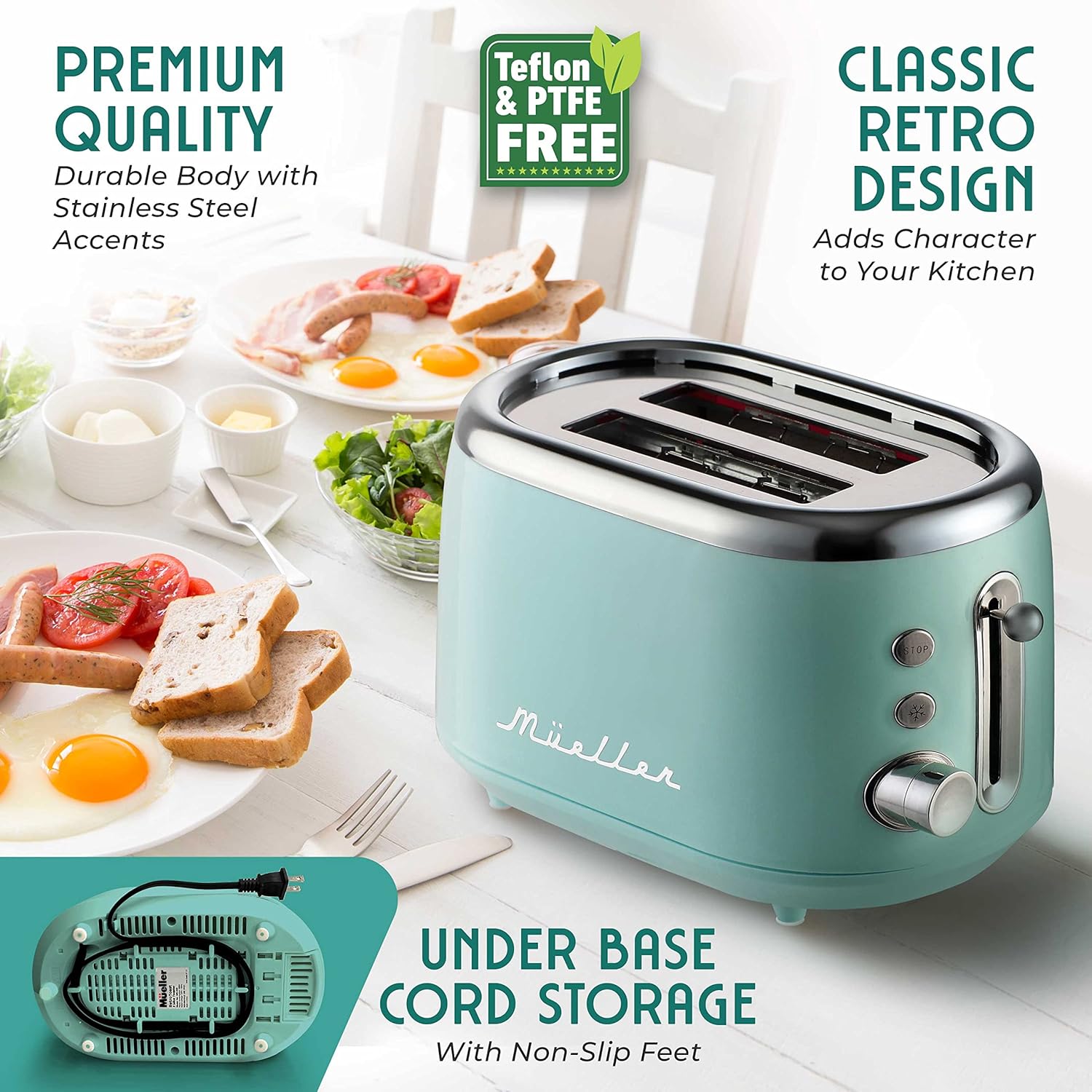 Mueller Retro Toaster 2 Slice with 7 Browning Levels and 3 Functions: Reheat, Defrost & Cancel, Stainless Steel Features, Removable Crumb Tray, under Base Cord Storage, Turquoise