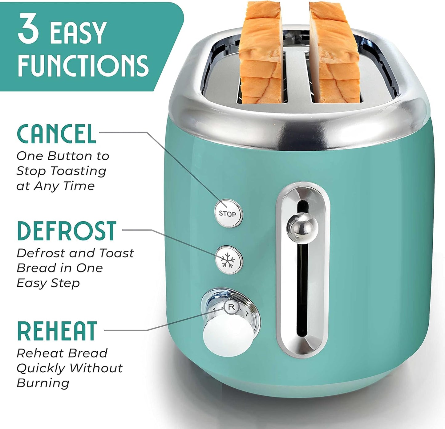 Mueller Retro Toaster 2 Slice with 7 Browning Levels and 3 Functions: Reheat, Defrost & Cancel, Stainless Steel Features, Removable Crumb Tray, under Base Cord Storage, Turquoise