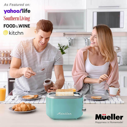 Mueller Retro Toaster 2 Slice with 7 Browning Levels and 3 Functions: Reheat, Defrost & Cancel, Stainless Steel Features, Removable Crumb Tray, under Base Cord Storage, Turquoise