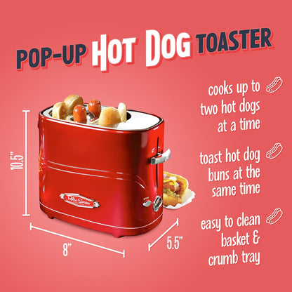  Retro Pop-Up 2 Hot Dog and Bun Toaster, with Mini Tongs, Works with Chicken Dogs, Turkey Dogs, Veggie Links, Sausages and Brats