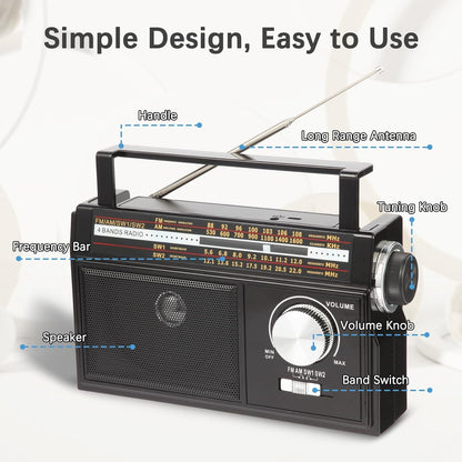Radio Portable AM FM Shortwave, Vintage Transistor Radios, Retro Personal Radios Rechargeable Battery Powered Plug in Radios, Great Sound and Strong Reception, Easy to Use for Senior, Kids, Silver