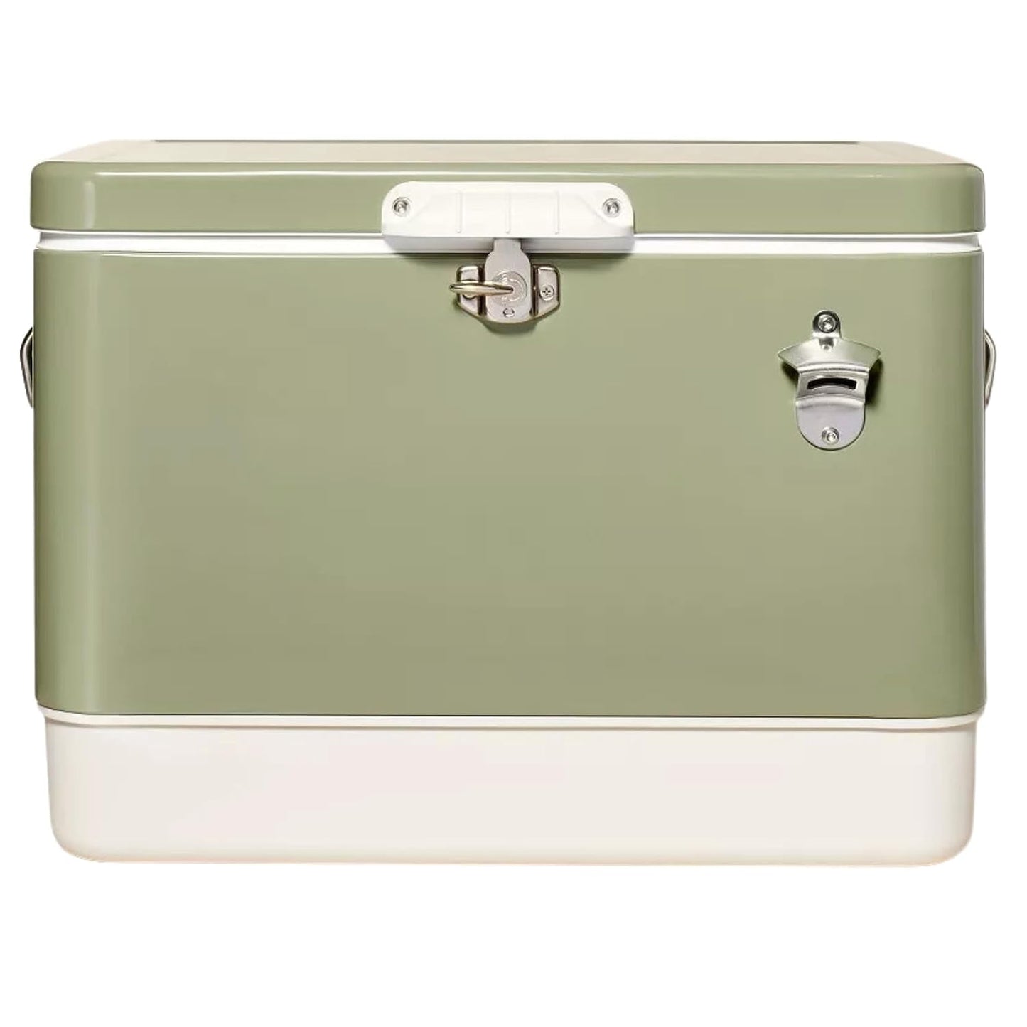 Hard-Sided 80 Can/54 Qt. Two Tone Retro Metal Cooler, Holds 80 Beverage Cans, Metal Construction with Plastic Lining, Green/Cream