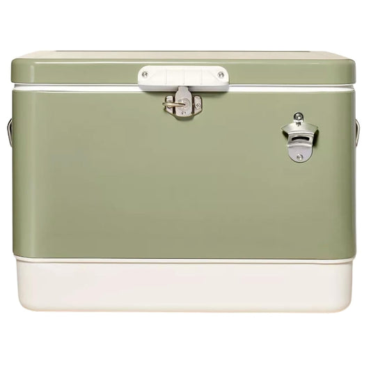 Hard-Sided 80 Can/54 Qt. Two Tone Retro Metal Cooler, Holds 80 Beverage Cans, Metal Construction with Plastic Lining, Green/Cream