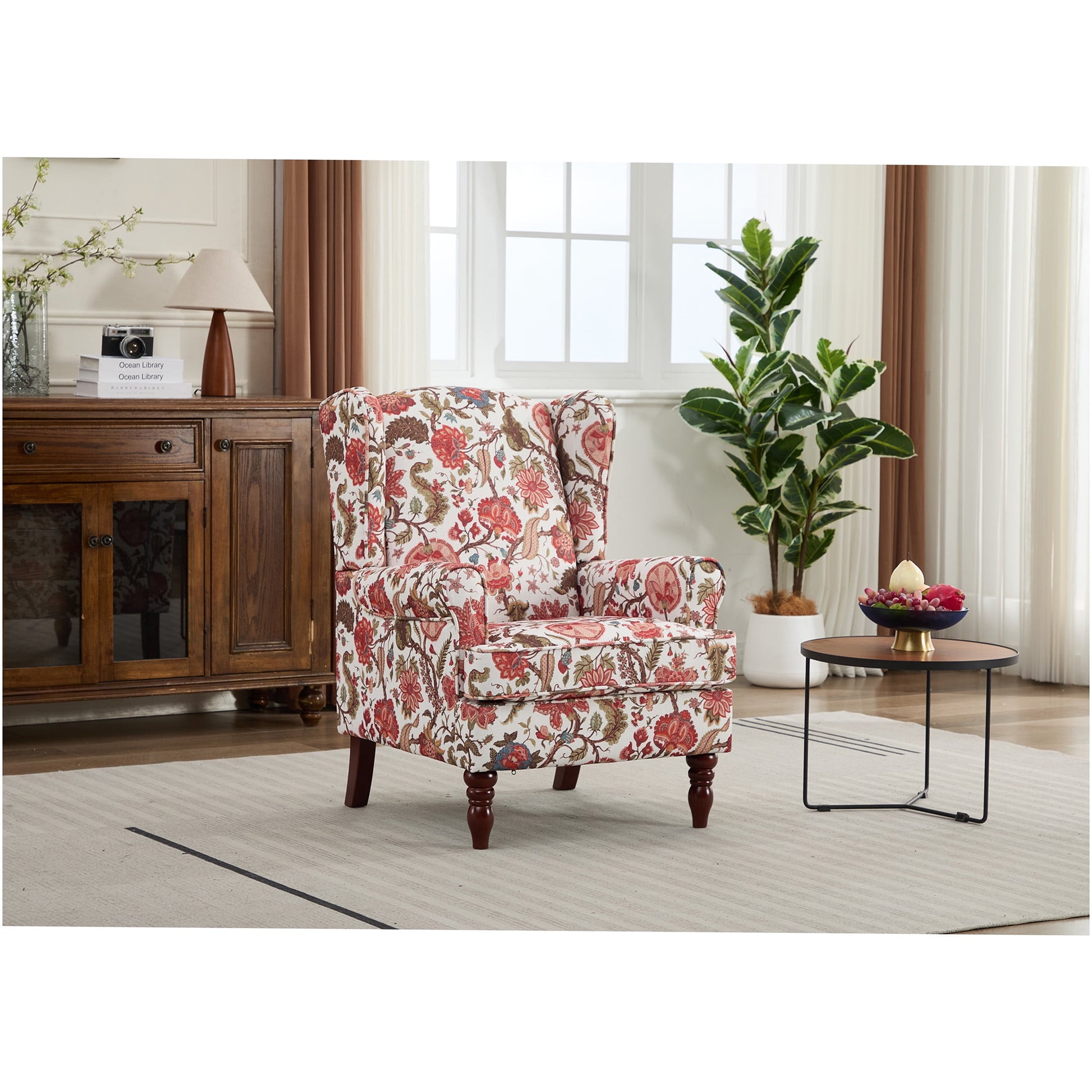 Retro Floral Accent Chair with Wood Legs, Upholstered Linen Armchair for Living Room, Bedroom, Office, Bean Paste Red