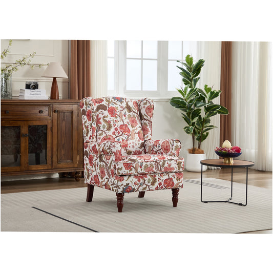Retro Floral Accent Chair with Wood Legs, Upholstered Linen Armchair for Living Room, Bedroom, Office, Bean Paste Red