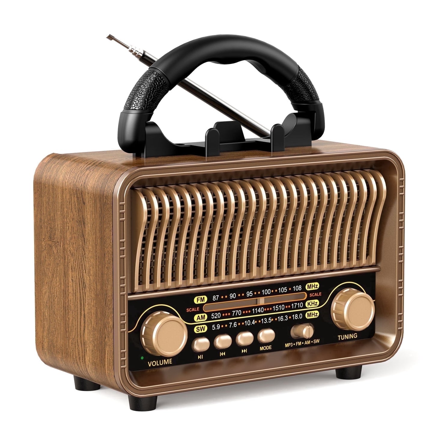 Retro Vintage Portable AM/FM/SW All-Band Transistor Radio | Rechargeable/Battery-Powered | Micro-Sd/Tf/Usb/Aux/Wireless Speaker | Home & Outdoor Use