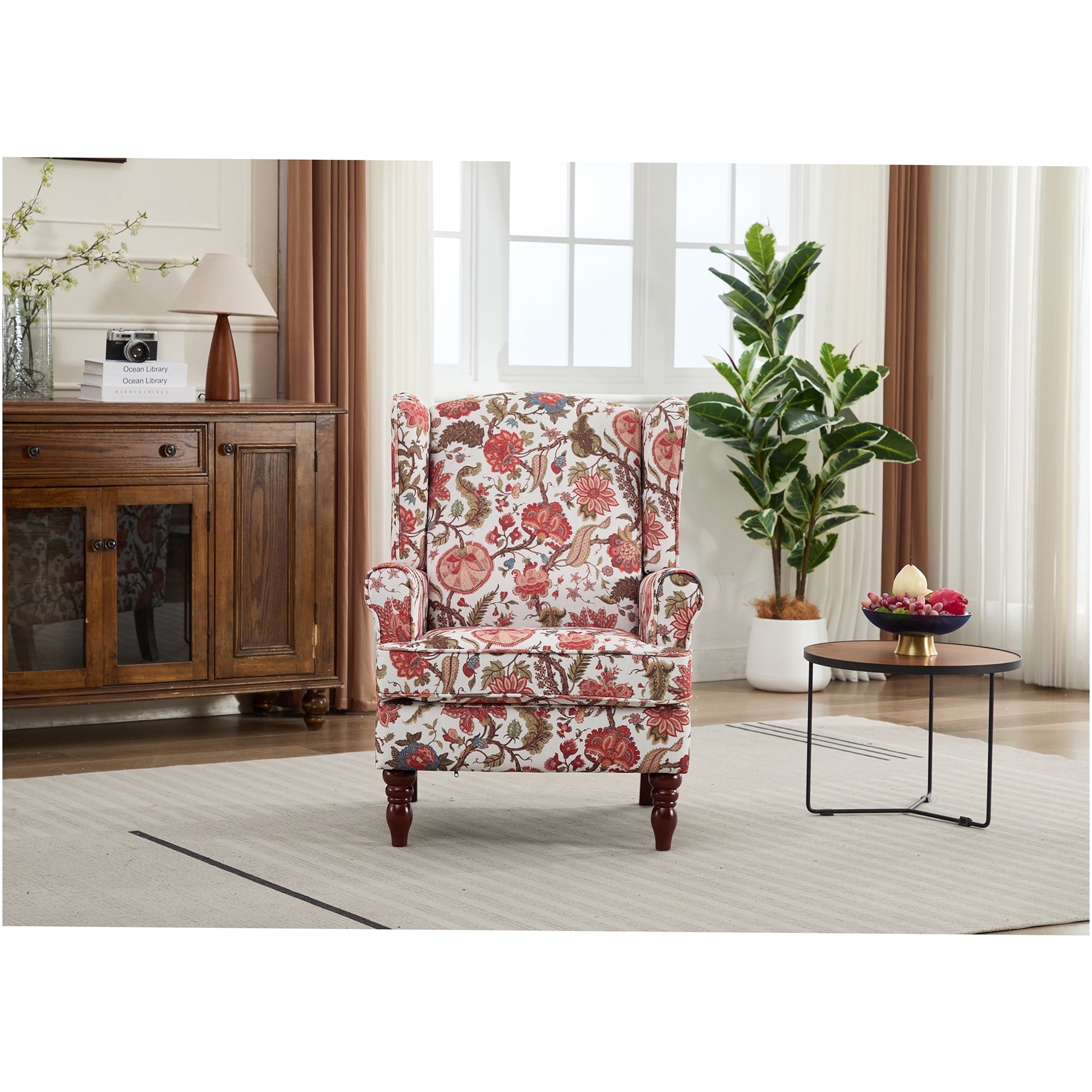 Retro Floral Accent Chair with Wood Legs, Upholstered Linen Armchair for Living Room, Bedroom, Office, Bean Paste Red