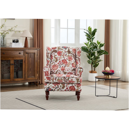 Retro Floral Accent Chair with Wood Legs, Upholstered Linen Armchair for Living Room, Bedroom, Office, Bean Paste Red