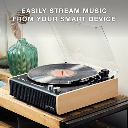 Eastwood 3-Speed Bluetooth Turntable with Built-In Speakers and Dust Cover | Upgraded Turntable Audio Sound | Black (VTA-72-BAM)