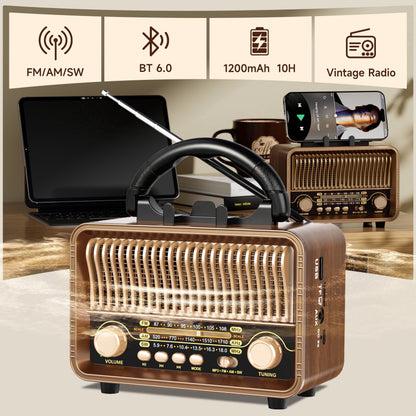 Retro Vintage Portable AM/FM/SW All-Band Transistor Radio | Rechargeable/Battery-Powered | Micro-Sd/Tf/Usb/Aux/Wireless Speaker | Home & Outdoor Use