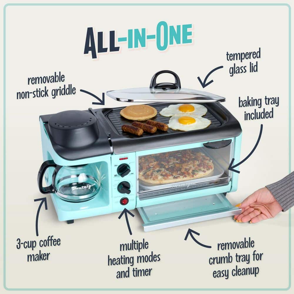 Retro 3-In-1 Aqua Electric Breakfast Station,With Non Stick Die Cast Grill/Griddle,4 Slice Toaster Oven and Coffee Maker