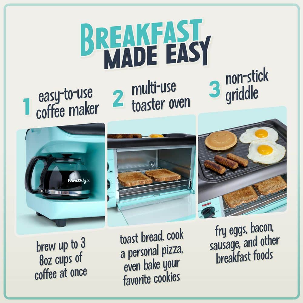 Retro 3-In-1 Aqua Electric Breakfast Station,With Non Stick Die Cast Grill/Griddle,4 Slice Toaster Oven and Coffee Maker