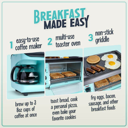 Retro 3-In-1 Aqua Electric Breakfast Station,With Non Stick Die Cast Grill/Griddle,4 Slice Toaster Oven and Coffee Maker