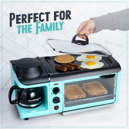 Retro 3-In-1 Aqua Electric Breakfast Station,With Non Stick Die Cast Grill/Griddle,4 Slice Toaster Oven and Coffee Maker