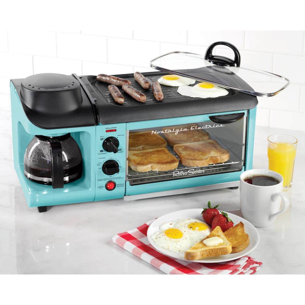 Retro 3-In-1 Aqua Electric Breakfast Station,With Non Stick Die Cast Grill/Griddle,4 Slice Toaster Oven and Coffee Maker