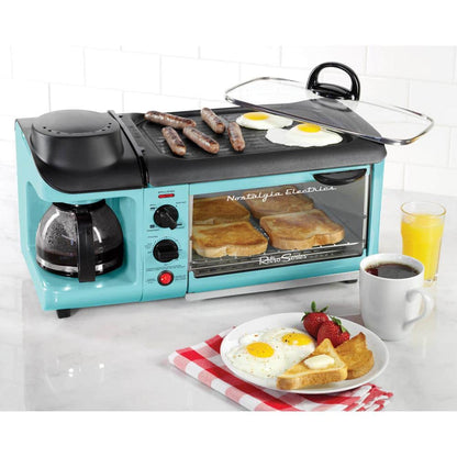 Retro 3-In-1 Aqua Electric Breakfast Station,With Non Stick Die Cast Grill/Griddle,4 Slice Toaster Oven and Coffee Maker